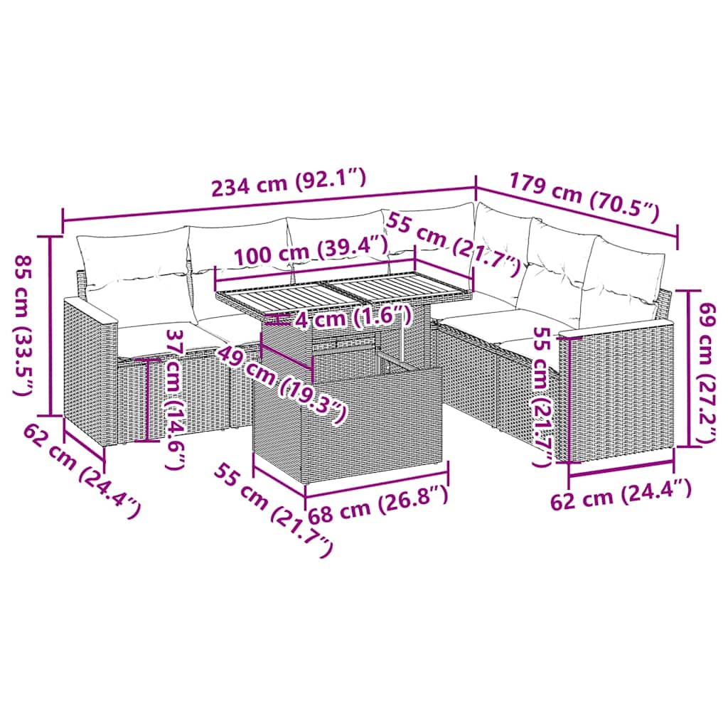 Set Divani da Giardino 7pz con Cuscini Grigio Polyrattan Acacia
