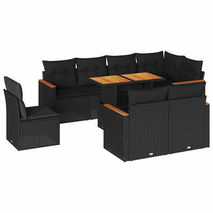 Set Divani da Giardino 9 pz con Cuscini Nero Polyrattan Acacia | homemem39