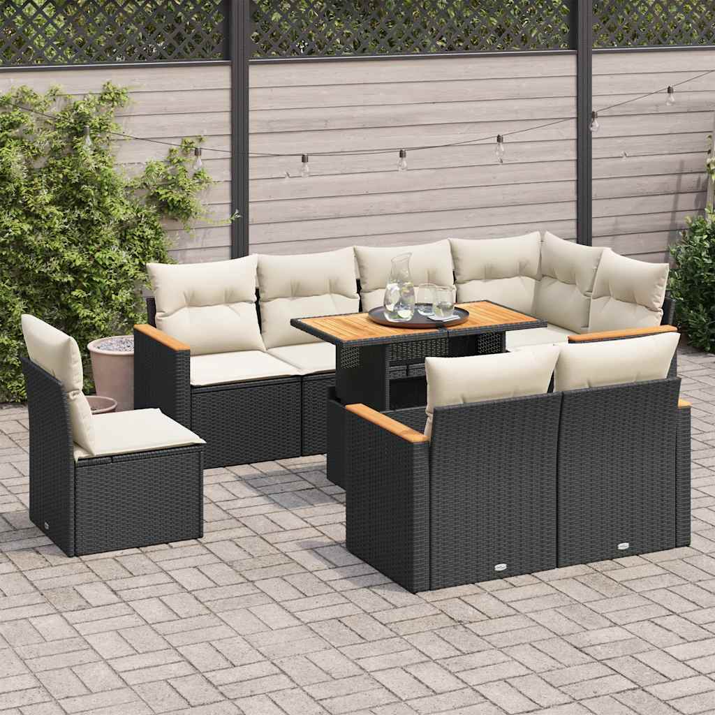 Set Divani da Giardino 9 pz con Cuscini Nero Polyrattan Acacia | homemem39