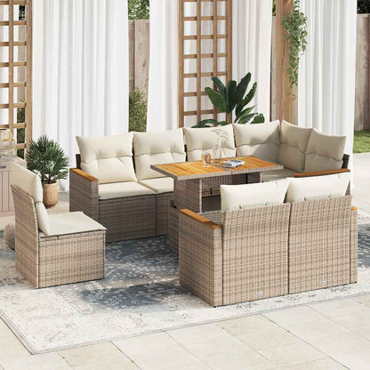 Set Divano da Giardino 9 pz con Cuscini Beige Polyrattan Acacia | homemem39