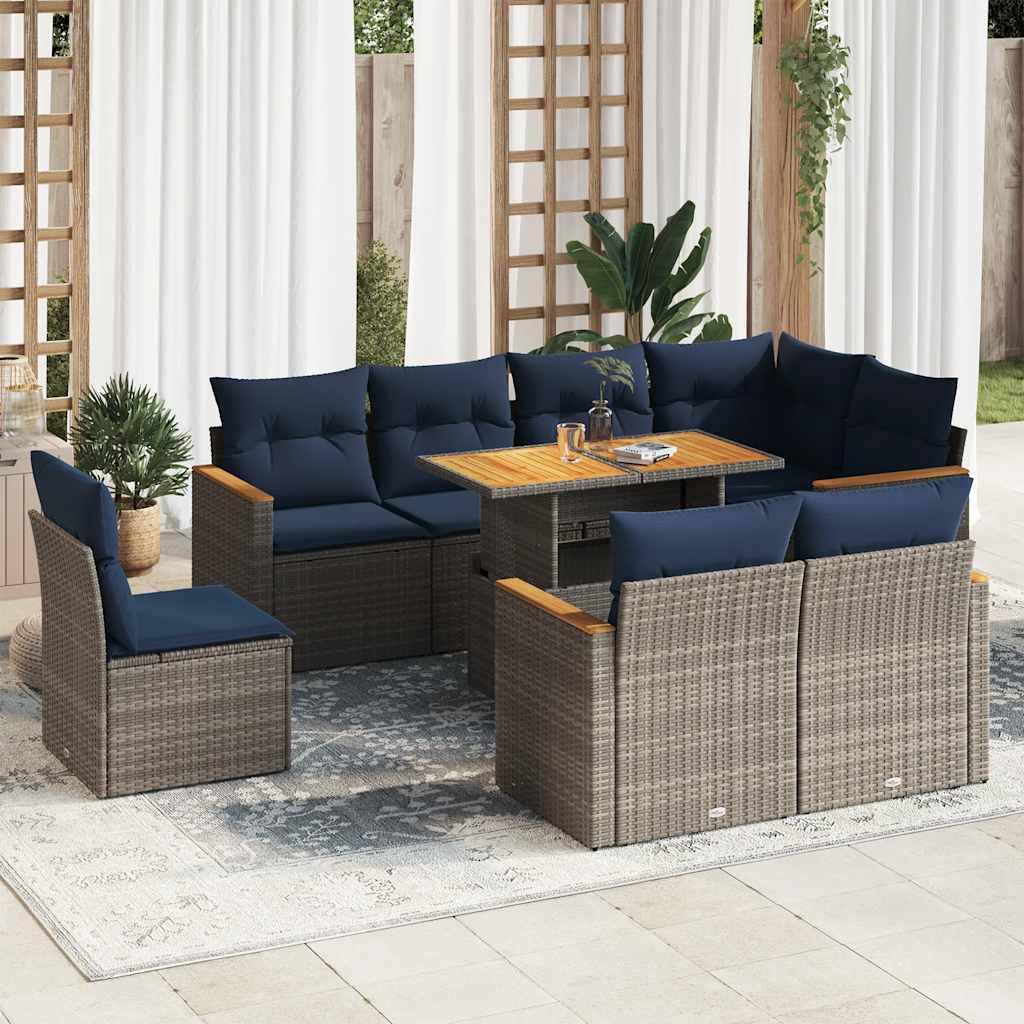 Set Divano da Giardino 9 pz con Cuscini Grigio in Polyrattan