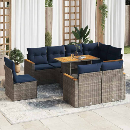 Set Divano da Giardino 9 pz con Cuscini Grigio in Polyrattan