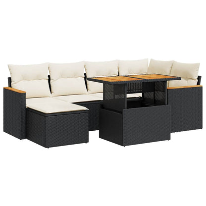 Set Divani da Giardino con Cuscini 7pz Nero Polyrattan Acacia | homemem39