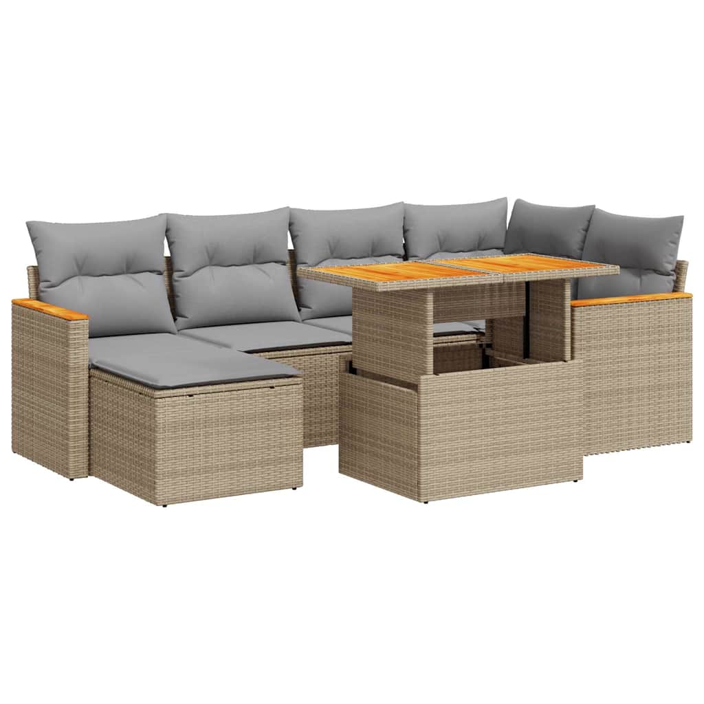 Set Divani da Giardino 7 pz con Cuscini Beige Polyrattan Acacia | homemem39