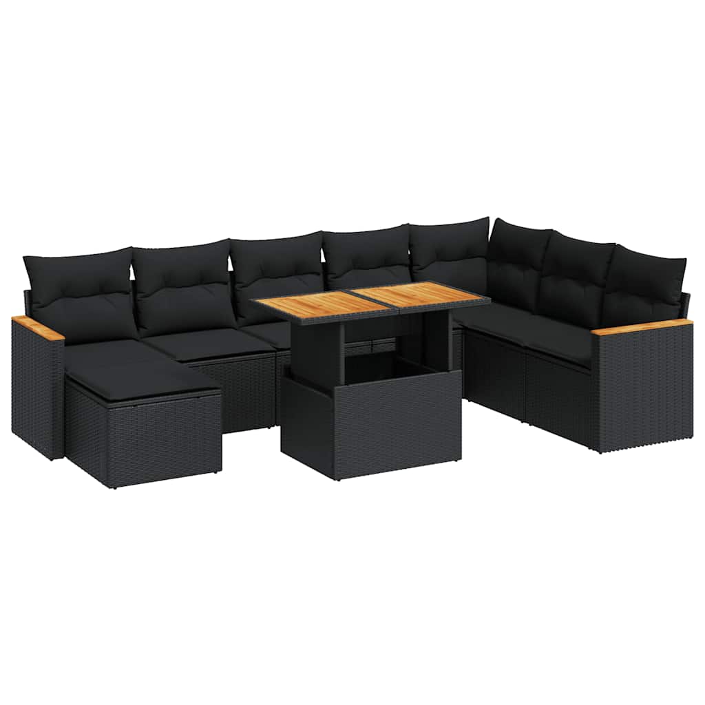 Set Divani da Giardino 9 pz con Cuscini Nero Polyrattan Acacia | homemem39
