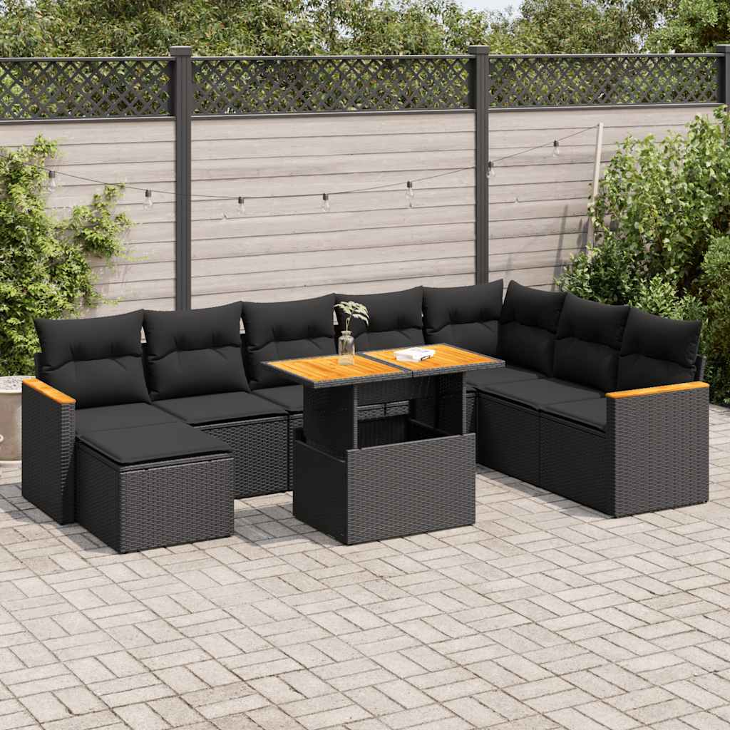 Set Divani da Giardino 9 pz con Cuscini Nero Polyrattan Acacia | homemem39