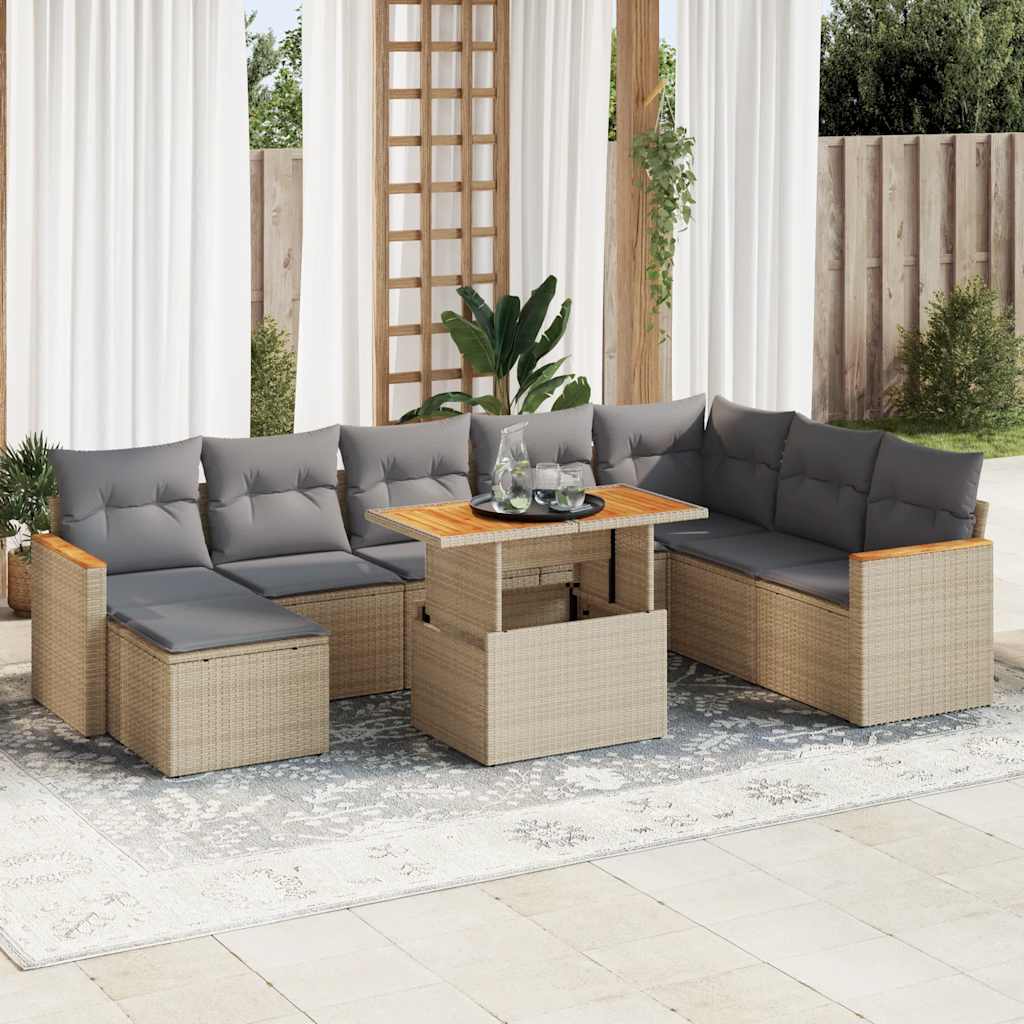 Set Divano da Giardino 9 pz con Cuscini Beige Polyrattan Acacia | homemem39