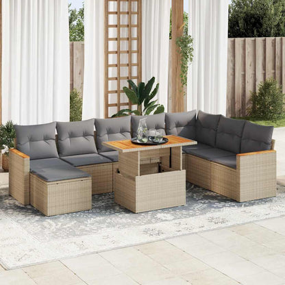 Set Divano da Giardino 9 pz con Cuscini Beige Polyrattan Acacia | homemem39