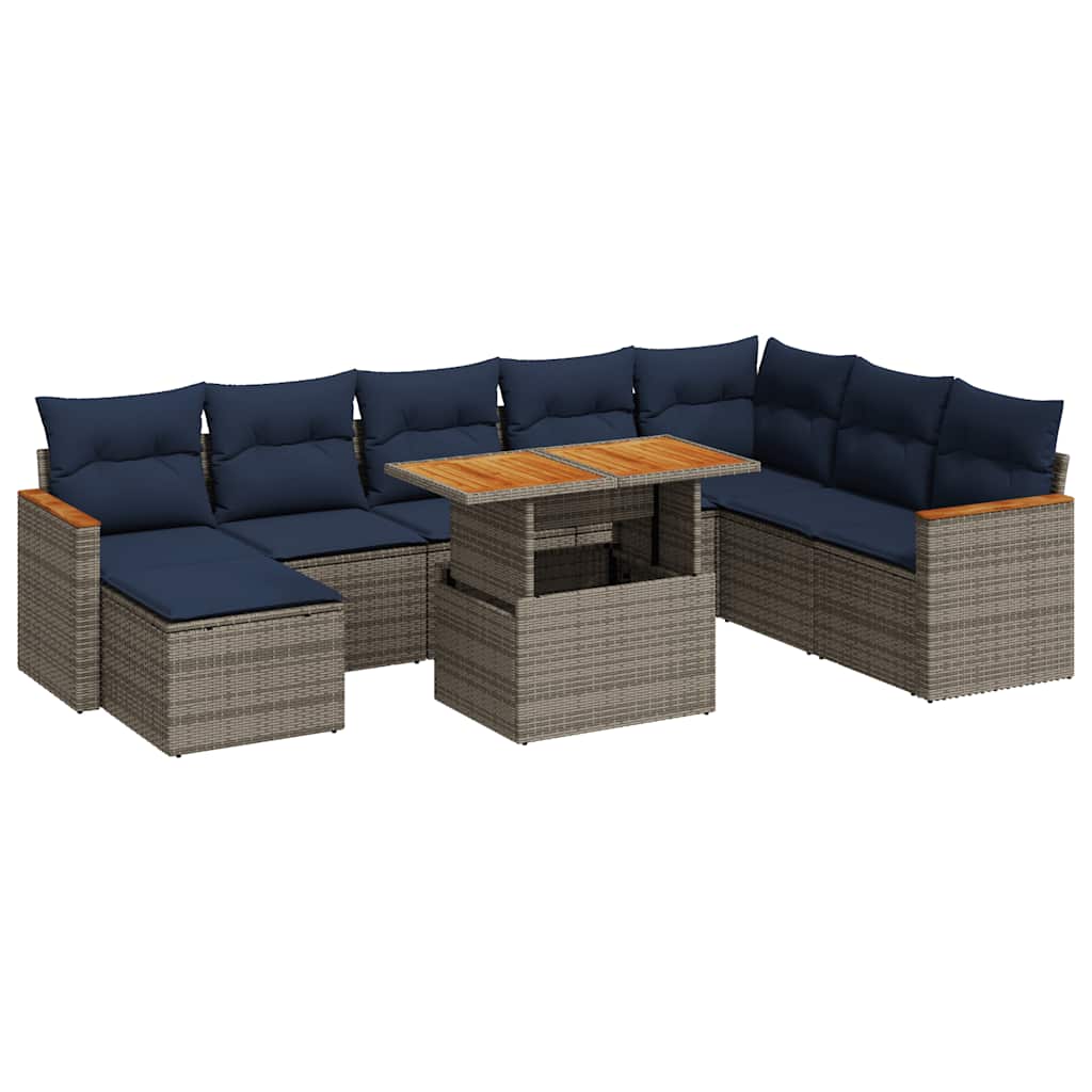 Set Divano da Giardino 9 pz con Cuscini Grigio in Polyrattan