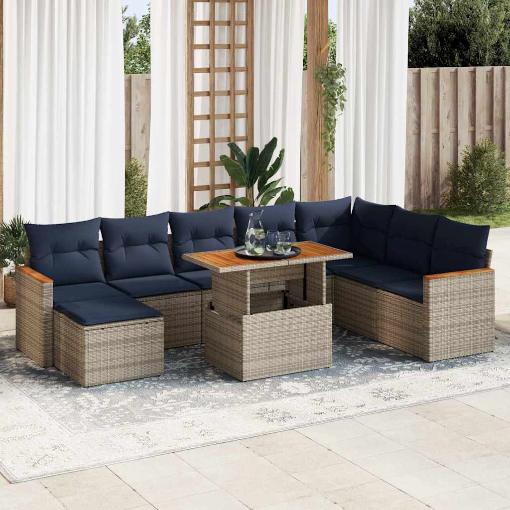 Set Divano da Giardino 9 pz con Cuscini Grigio in Polyrattan