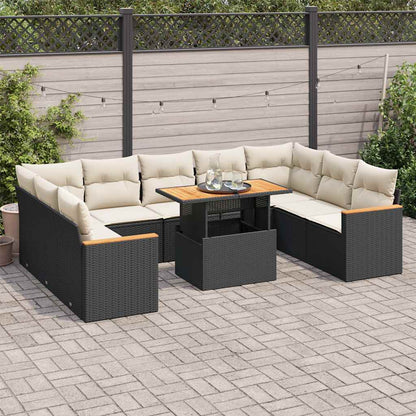 Set Divani Giardino 10pz con Cuscini Nero in Polyrattan Acacia | homemem39