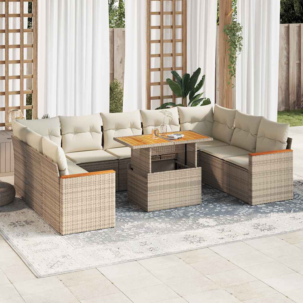 Divano da Giardino 10 pz con Cuscini Beige in Polyrattan Acacia