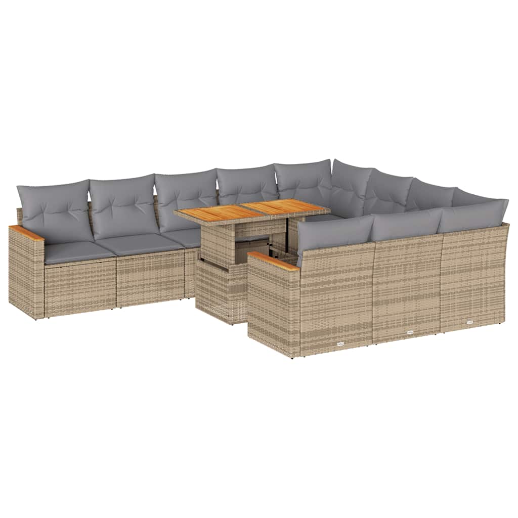 Set Divani da Giardino 11pz con Cuscini Beige Acacia Polyrattan | homemem39