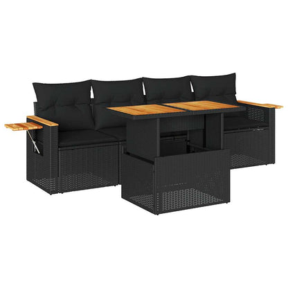 Set Divani da Giardino 5 pz con Cuscini Nero Polyrattan Acacia | homemem39