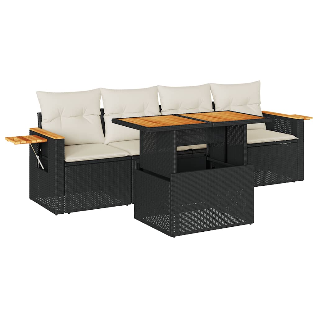 Set Divani da Giardino 5 pz con Cuscini Nero Polyrattan Acacia | homemem39