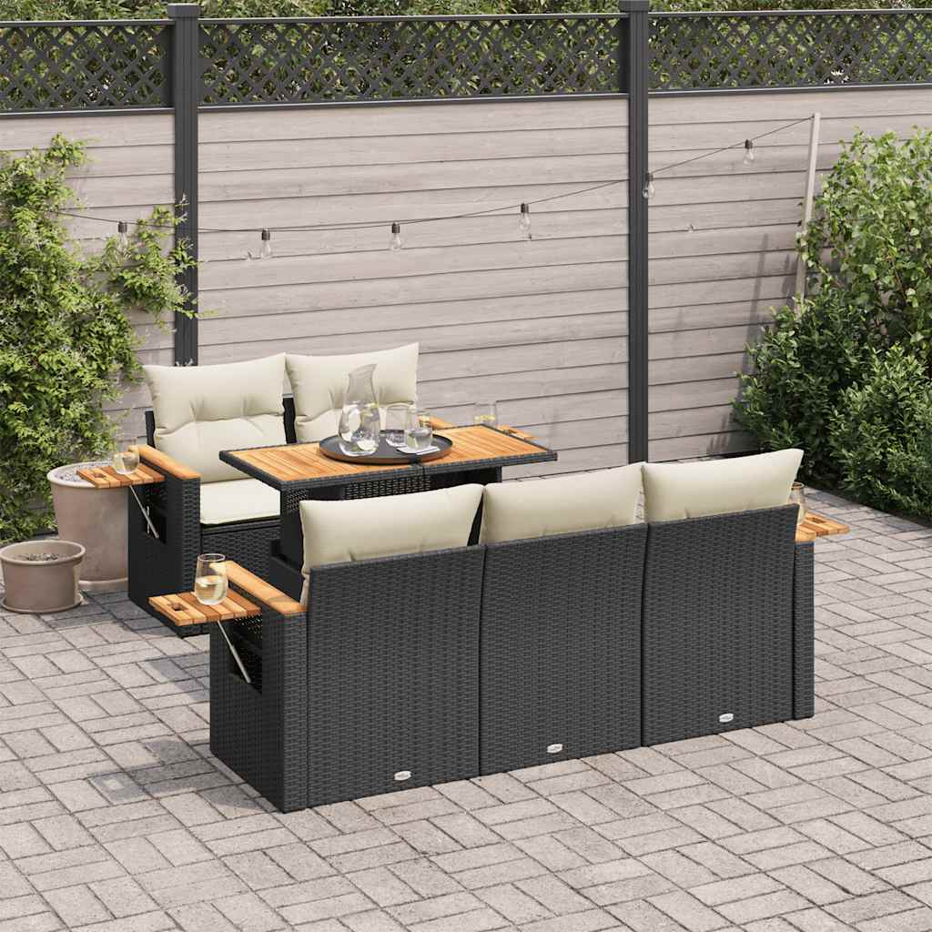 Set Divano da Giardino 6 pz con Cuscini Nero Polyrattan Acacia