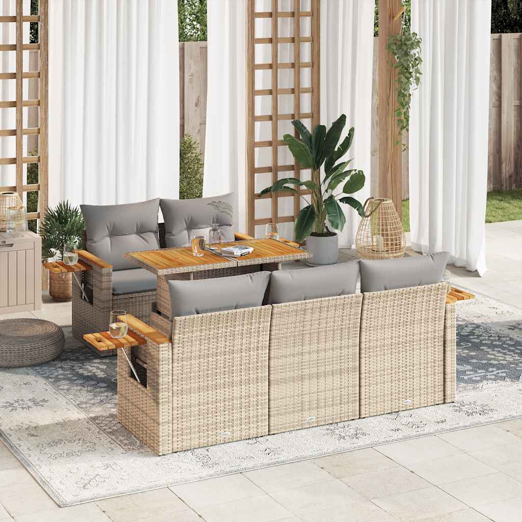 Set Divano da Giardino 6 pz con Cuscini Beige Polyrattan Acacia | homemem39