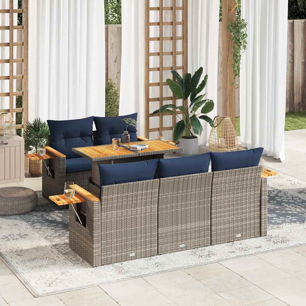 Set Divano da Giardino 6 pz con Cuscini Grigio in Polyrattan