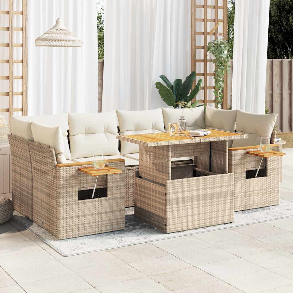 Set Divani da Giardino 7 pz con Cuscini Beige Polyrattan Acacia