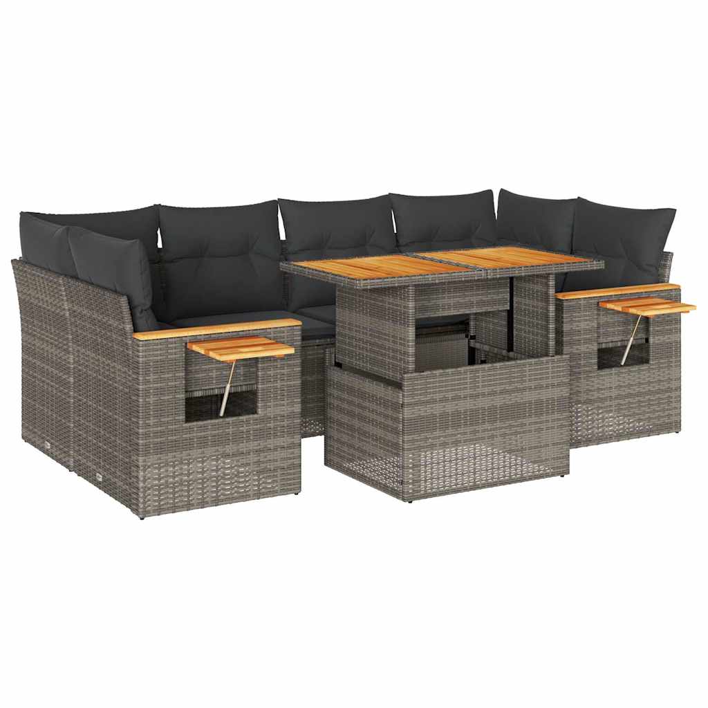 Set Divani da Giardino 7pz con Cuscini Grigio Polyrattan Acacia