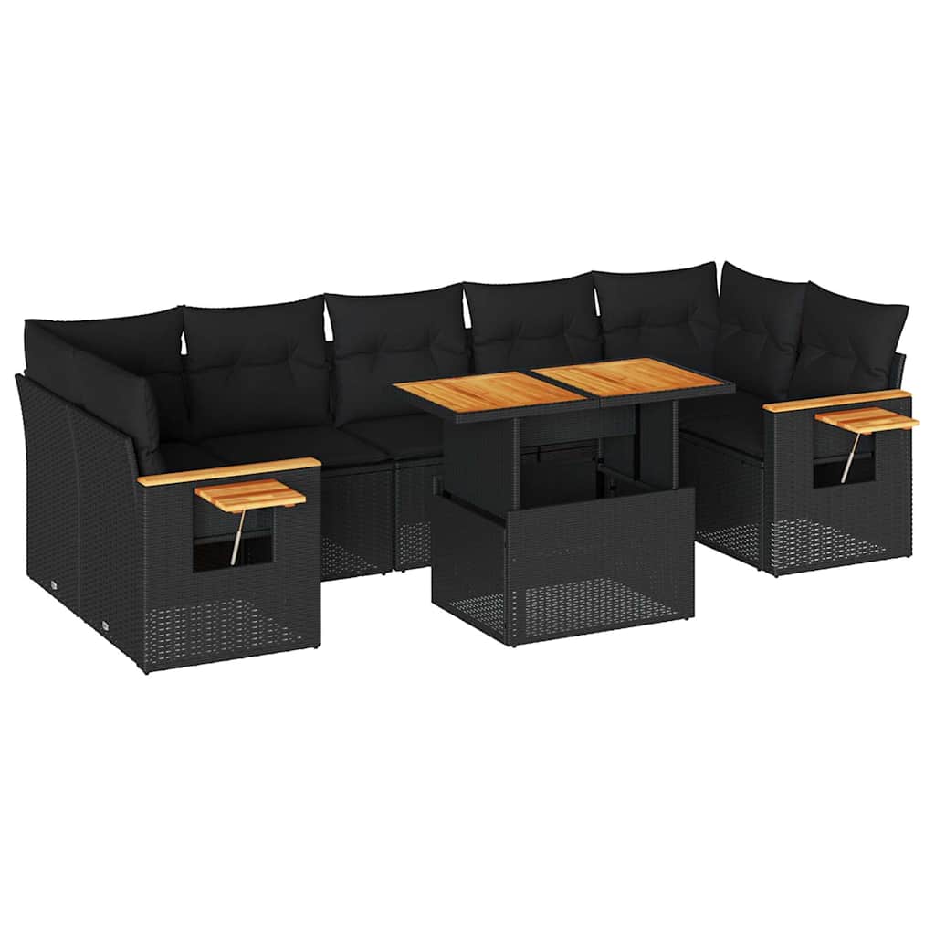 Set Divani da Giardino con Cuscini 8 pz Nero Polyrattan Acacia | homemem39