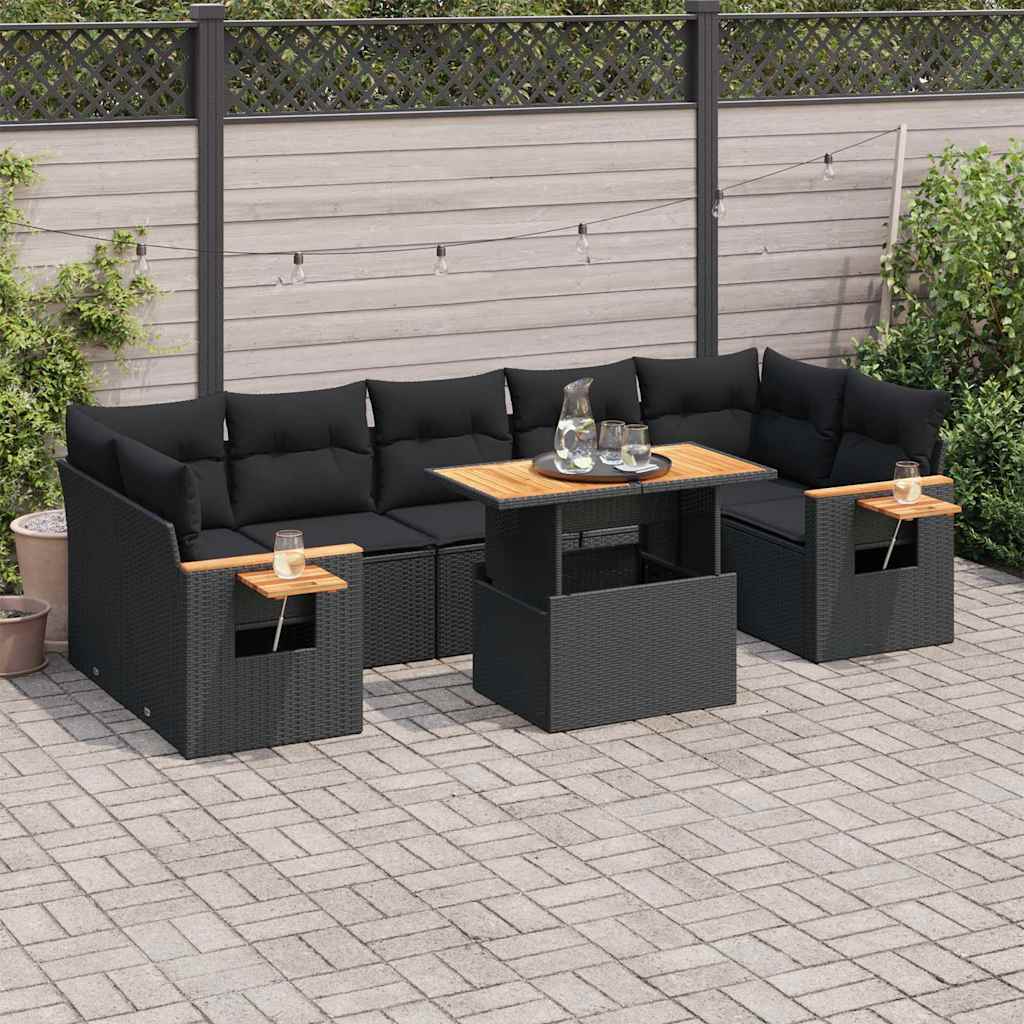 Set Divani da Giardino con Cuscini 8 pz Nero Polyrattan Acacia | homemem39
