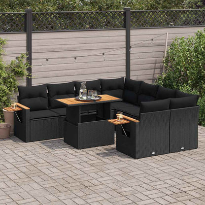 Set Divani da Giardino 9 pz con Cuscini Nero Polyrattan Acacia | homemem39