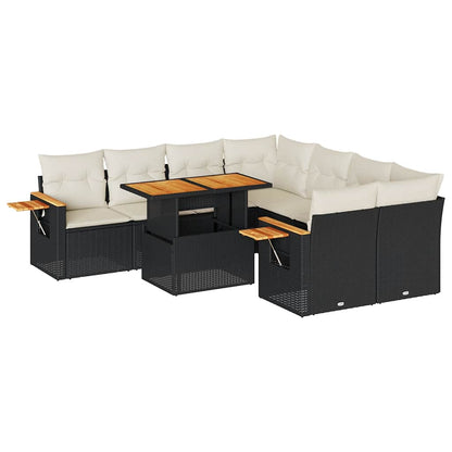 Set Divani da Giardino 9 pz con Cuscini Nero Polyrattan Acacia | homemem39