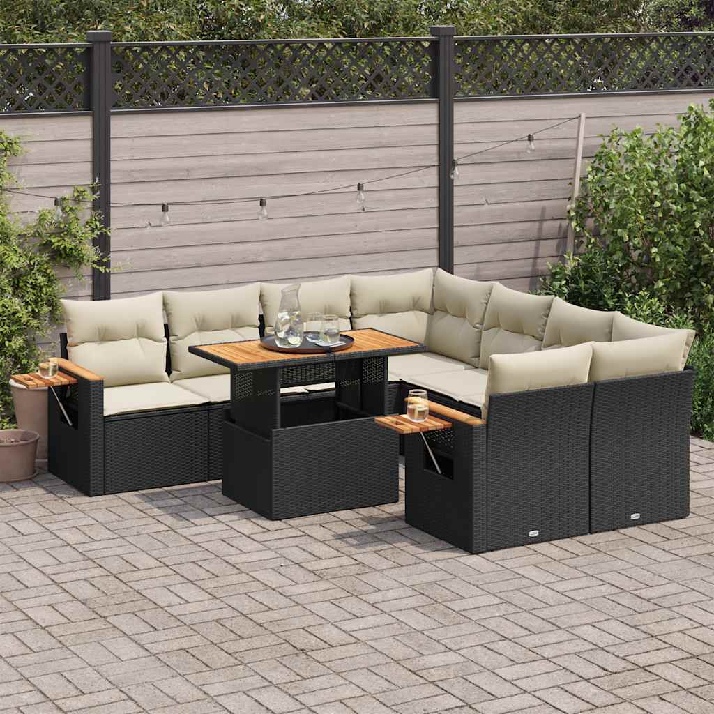 Set Divani da Giardino 9 pz con Cuscini Nero Polyrattan Acacia | homemem39