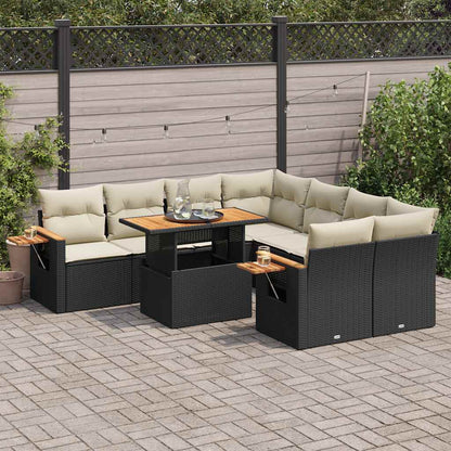Set Divani da Giardino 9 pz con Cuscini Nero Polyrattan Acacia | homemem39