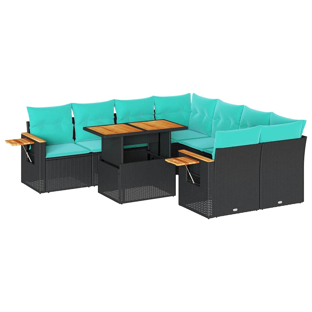 Set Divani da Giardino 9 pz con Cuscini Nero in Polyrattan | homemem39