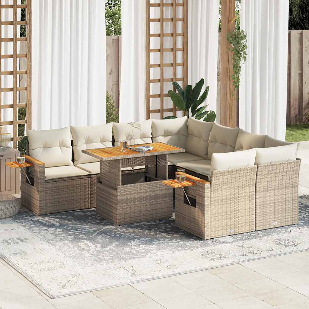 Set Divano da Giardino 9 pz con Cuscini Beige Polyrattan Acacia | homemem39