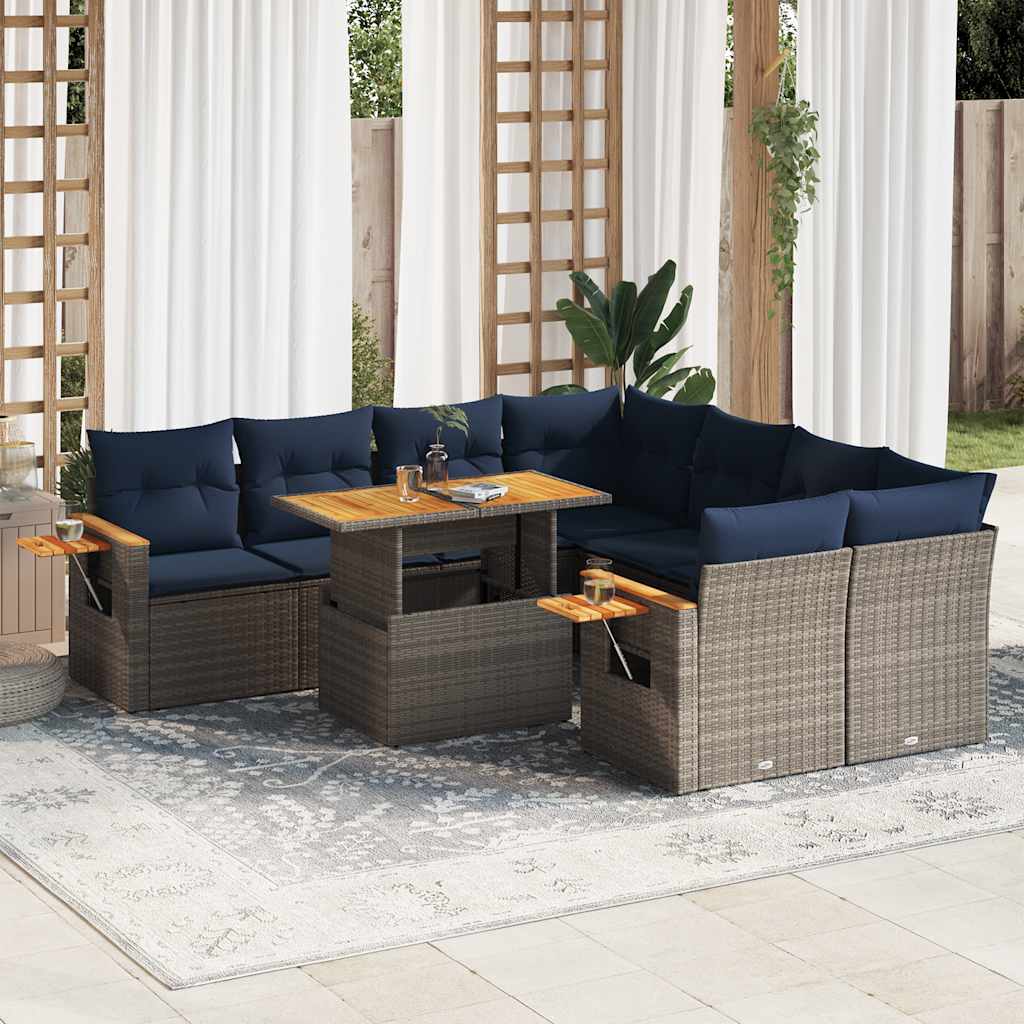Set Divano da Giardino 9 pz con Cuscini Grigio in Polyrattan | homemem39