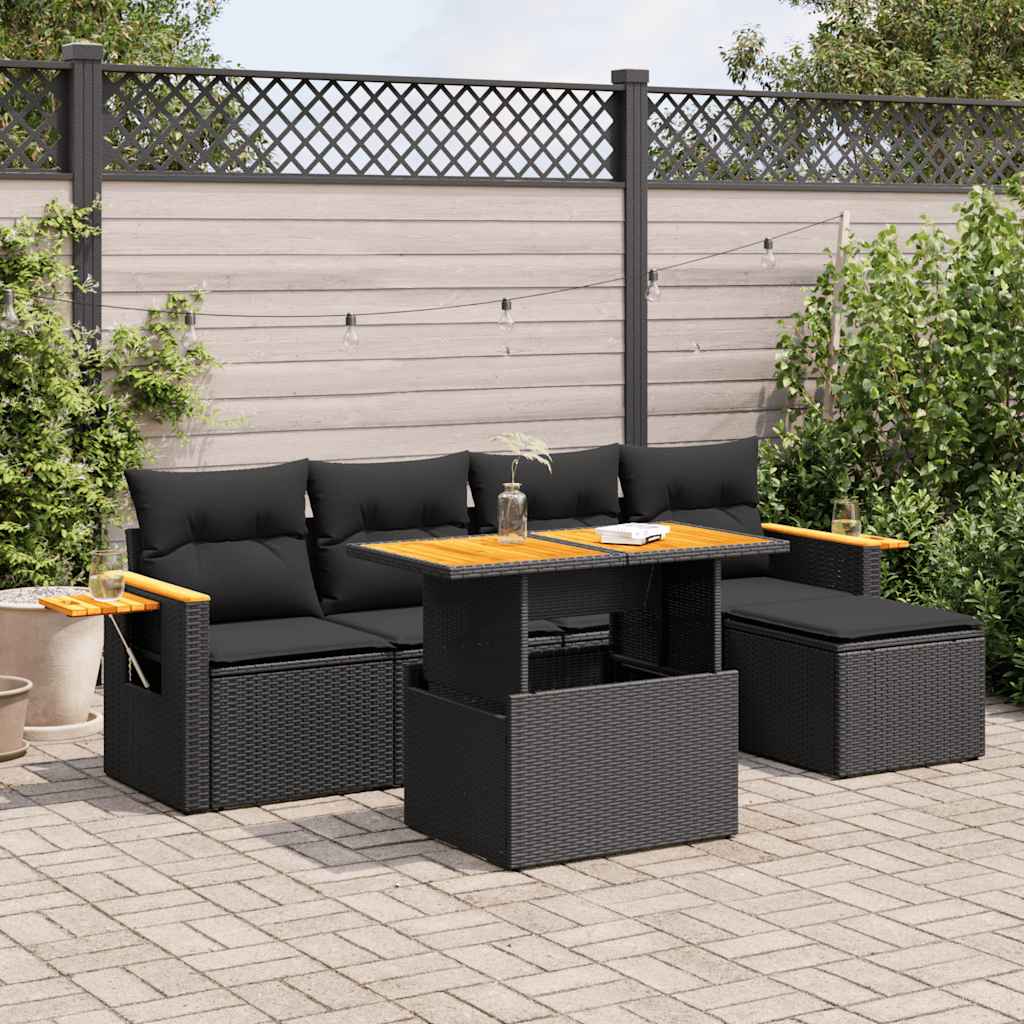 Set Divano da Giardino 6 pz con Cuscini Nero Polyrattan Acacia | homemem39