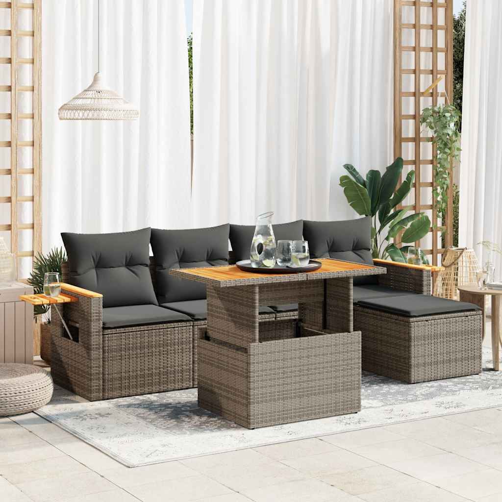Set Divano da Giardino 6pz con Cuscini Grigio Polyrattan Acacia | homemem39