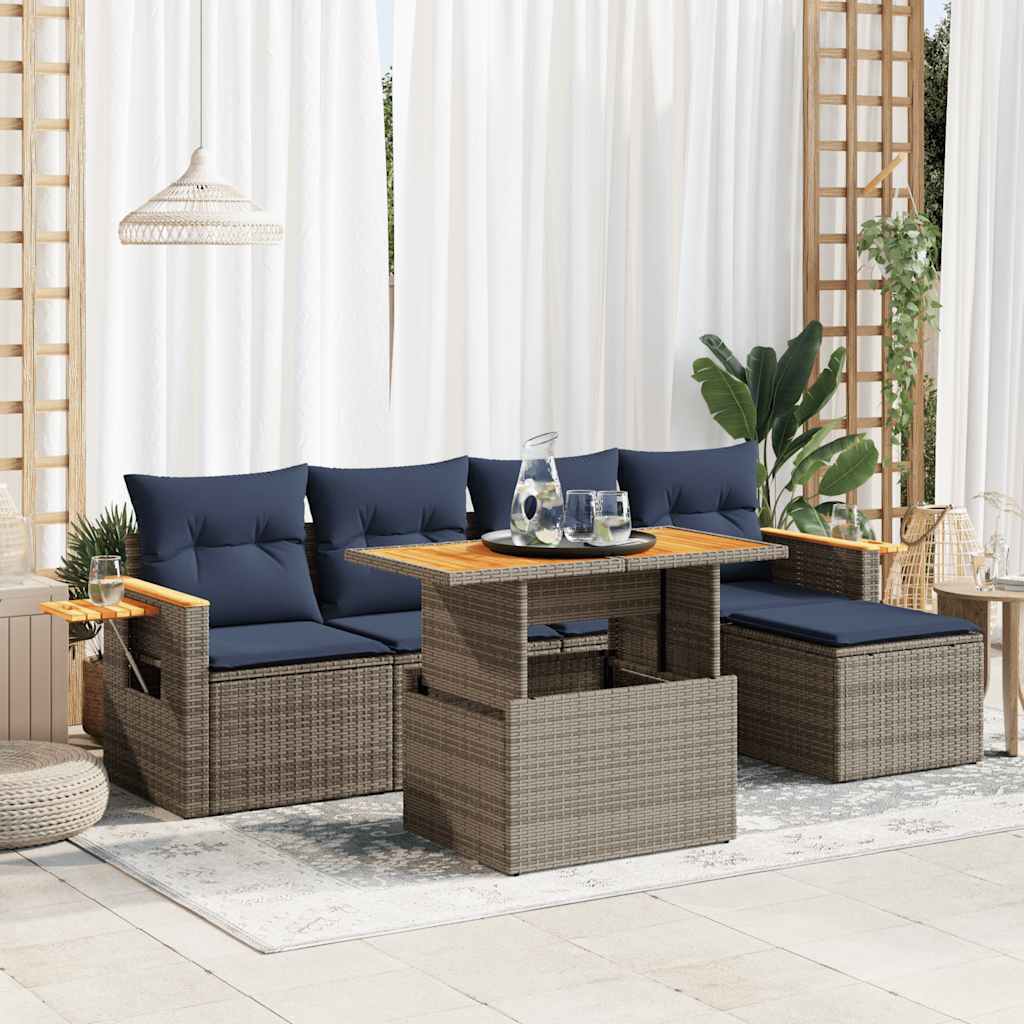 Set Divano da Giardino 6pz con Cuscini Grigio Polyrattan Acacia | homemem39
