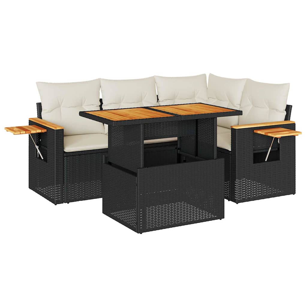Set Divani da Giardino 5 pz con Cuscini Nero Polyrattan Acacia | homemem39