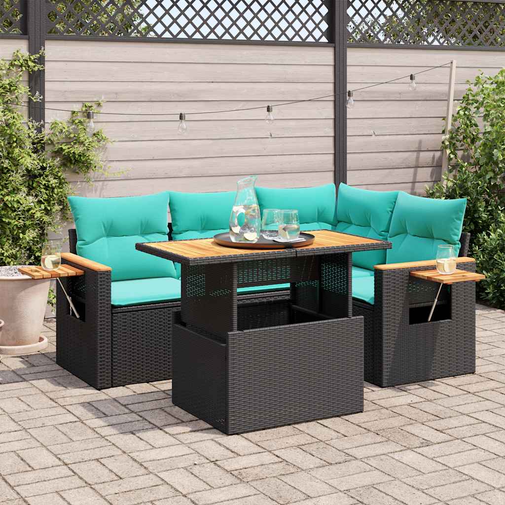 Set Divani da Giardino 5 pz con Cuscini Nero Polyrattan Acacia