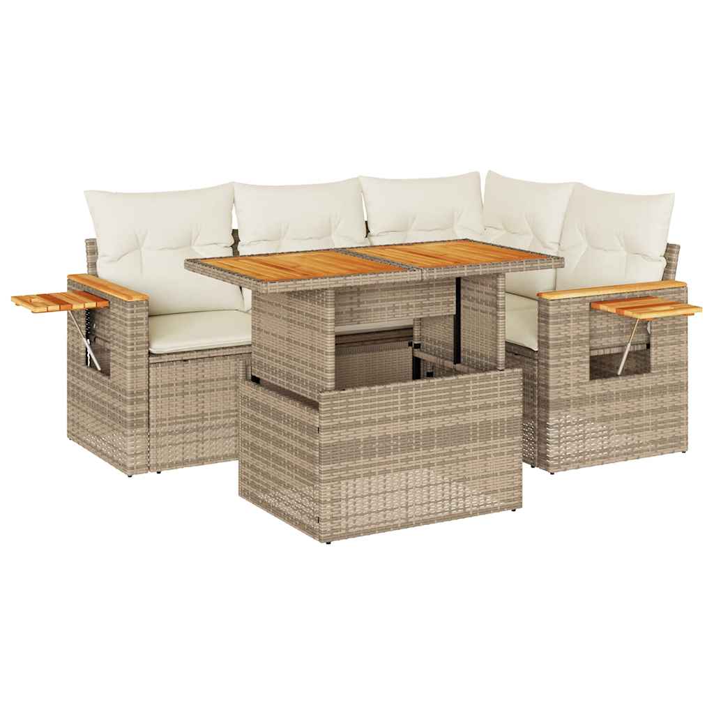Set Divano da Giardino 5 pz con Cuscini Beige Polyrattan Acacia