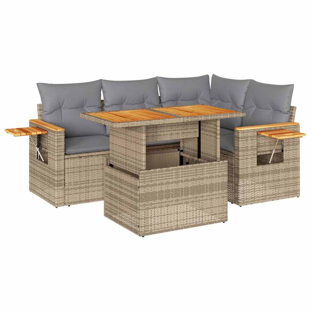 Set Divano da Giardino 5 pz con Cuscini Beige Polyrattan Acacia | homemem39