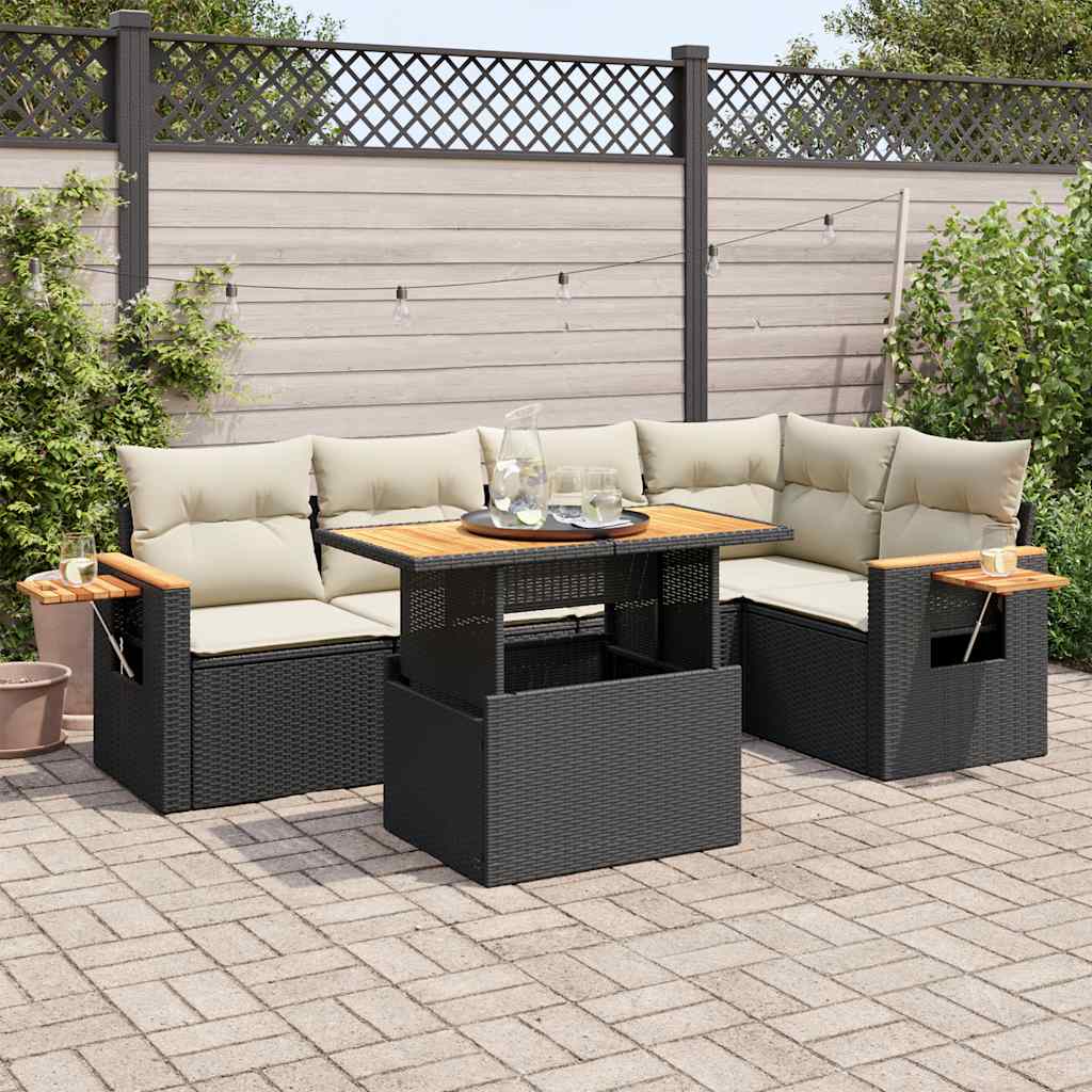 Set Divano da Giardino 6 pz con Cuscini Nero Polyrattan Acacia | homemem39