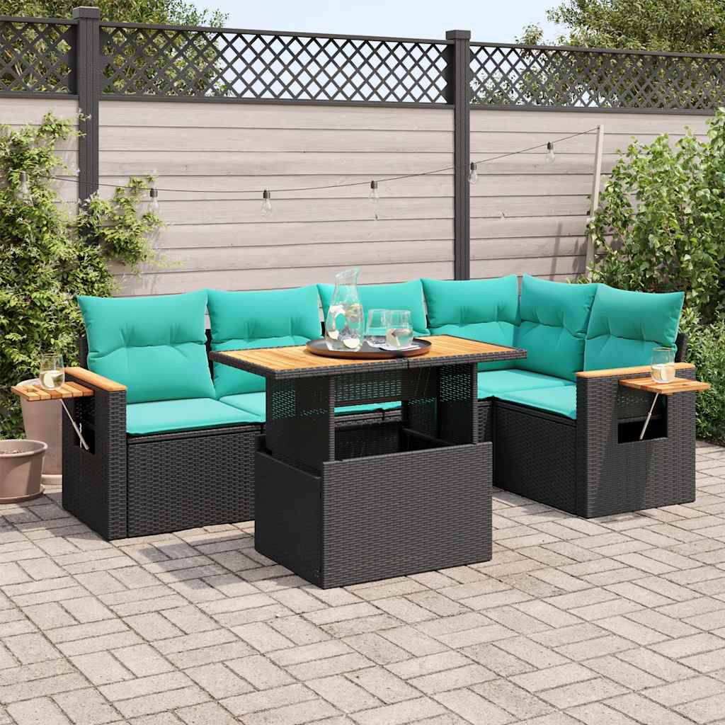Set Divano da Giardino 6 pz con Cuscini Nero Polyrattan Acacia | homemem39