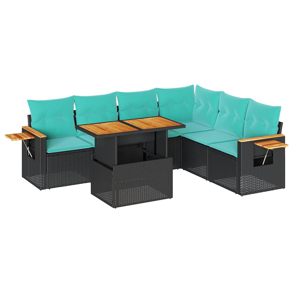 Set Divani da Giardino con Cuscini 7pz Nero Polyrattan Acacia | homemem39