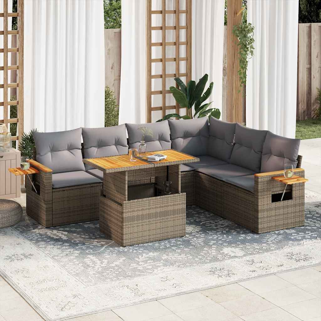 Set Divani da Giardino 7 pz con Cuscini Beige Polyrattan Acacia