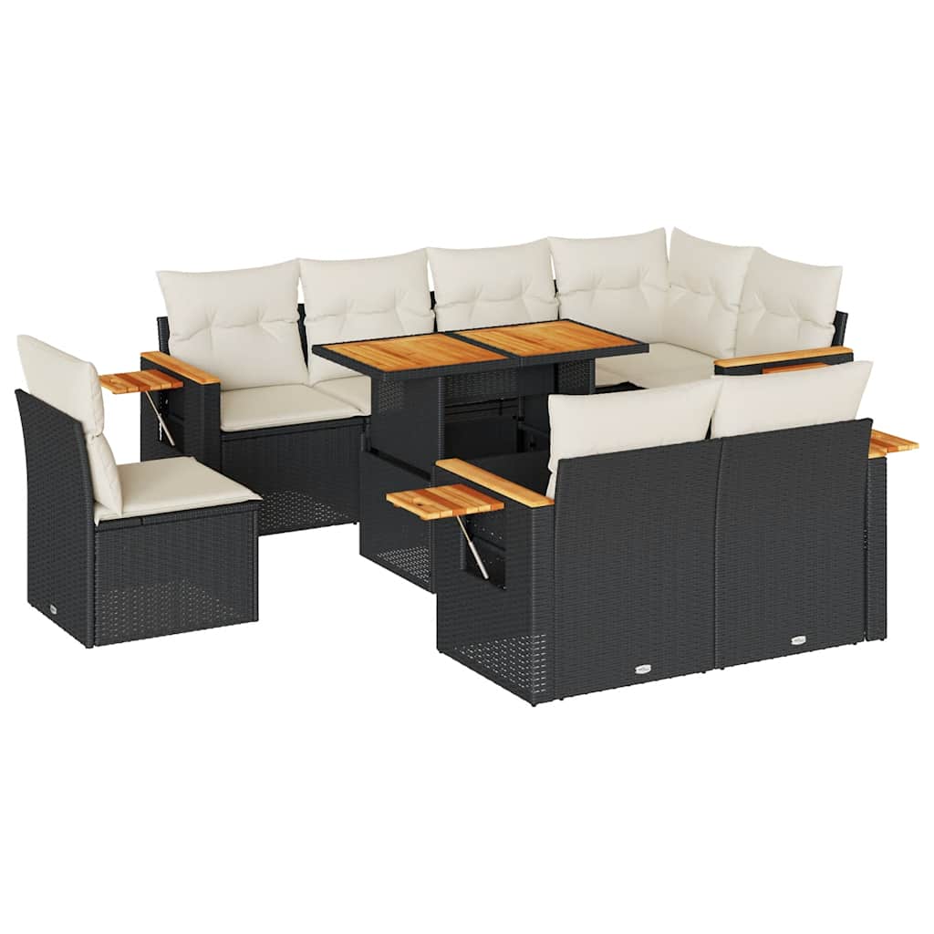 Set Divani da Giardino 9 pz con Cuscini Nero Polyrattan Acacia | homemem39