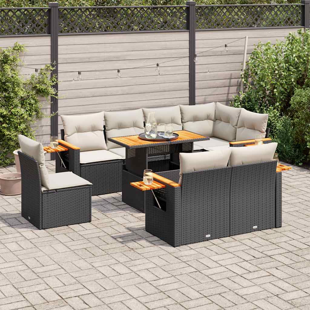 Set Divani da Giardino 9 pz con Cuscini Nero Polyrattan Acacia | homemem39
