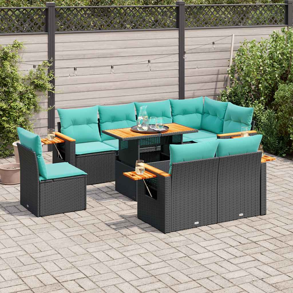 Set Divani da Giardino 9 pz con Cuscini Nero Polyrattan Acacia | homemem39