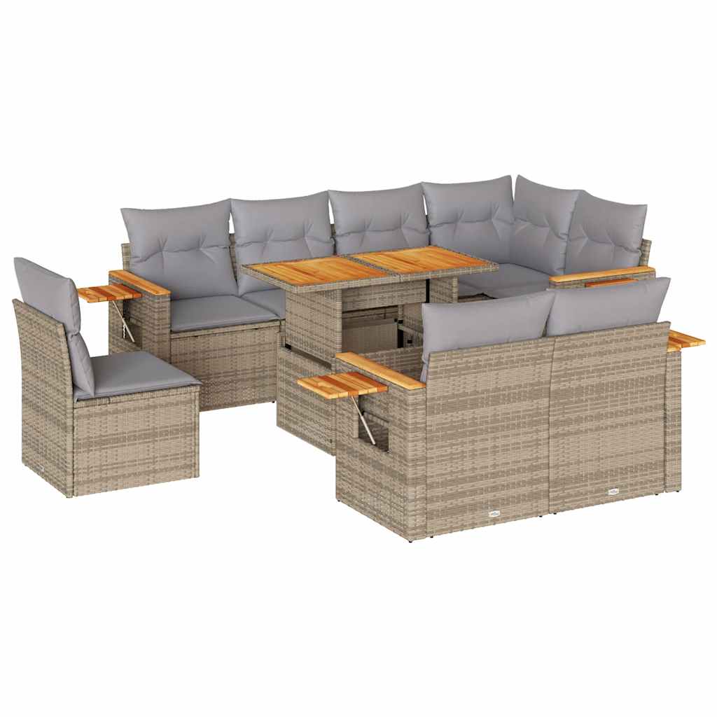Set Divano da Giardino 9 pz con Cuscini Beige Polyrattan Acacia | homemem39