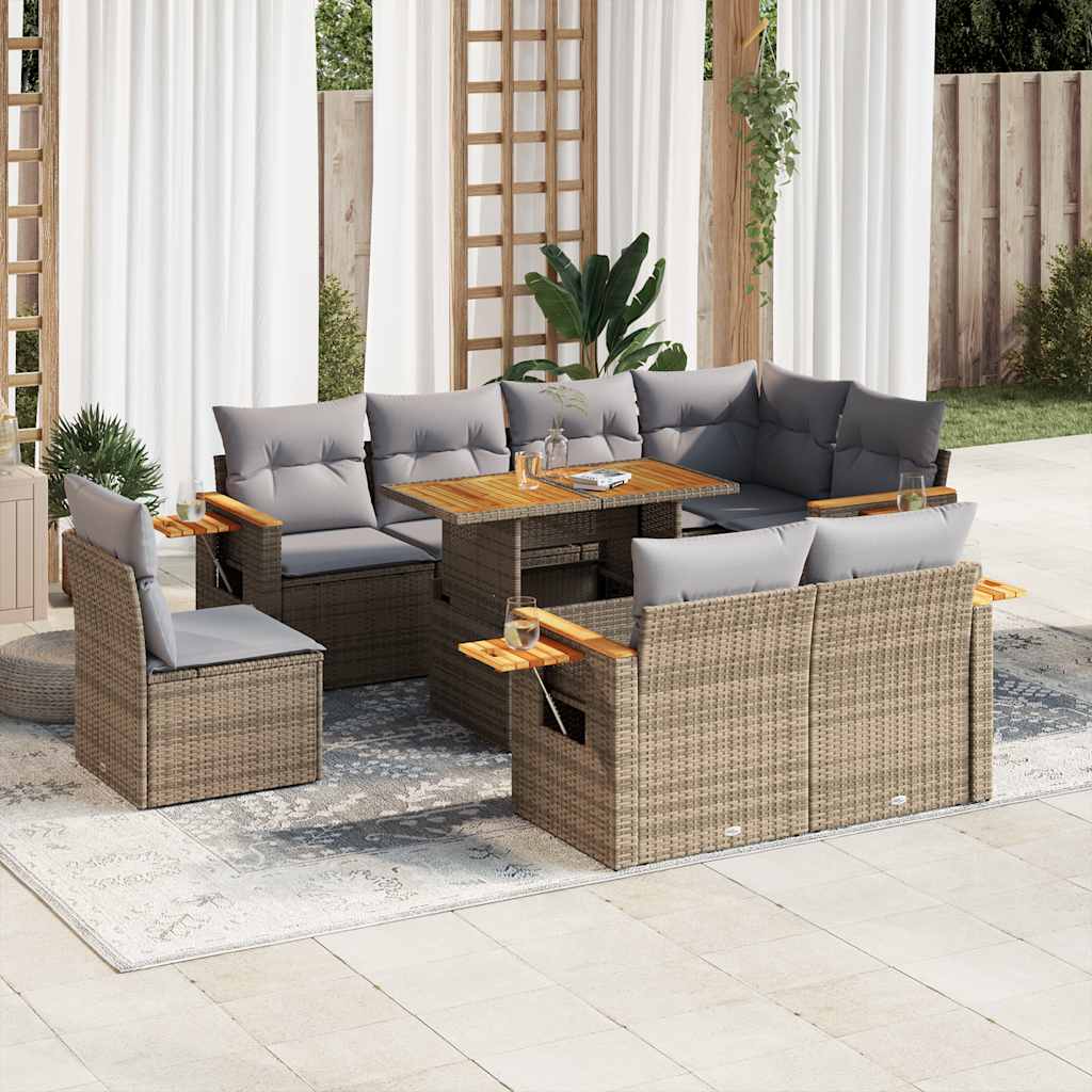 Set Divano da Giardino 9 pz con Cuscini Beige Polyrattan Acacia | homemem39