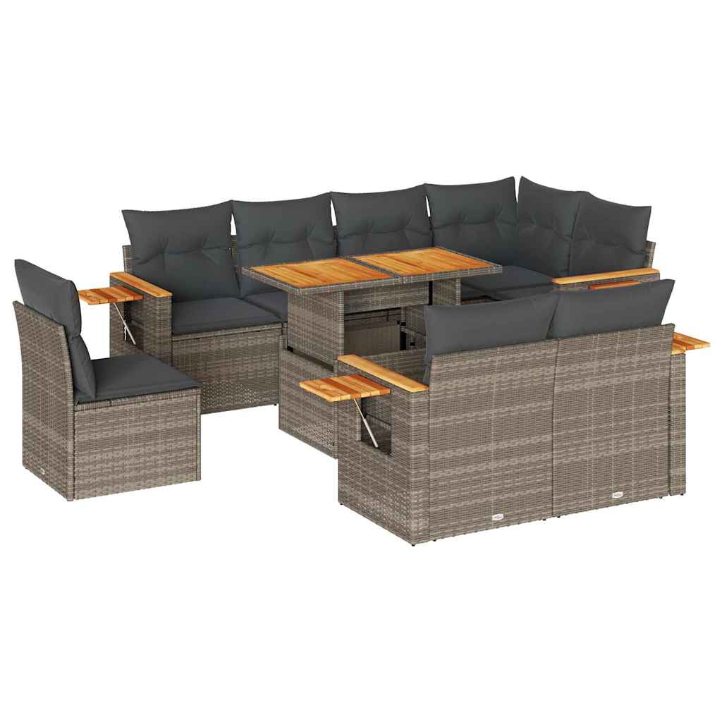 Set Divano da Giardino 9pz con Cuscini Grigio Polyrattan Acacia | homemem39